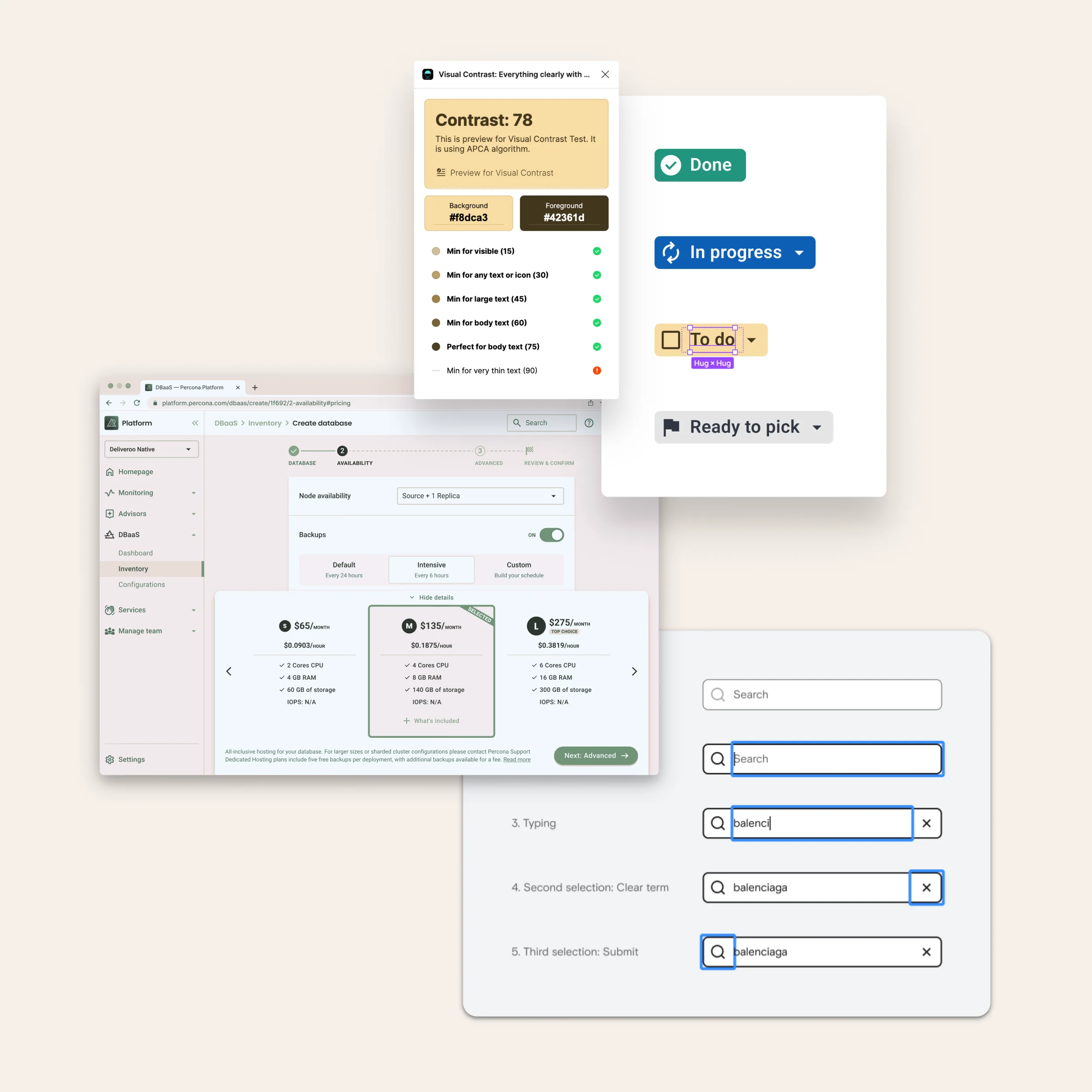 Compilation of screenshots of outputs from tools that evaluate color contrast, simulate color blindness, and keyboard interaction sequences so you can see some specifications of colors and simulations with ratings that help assess effectiveness.