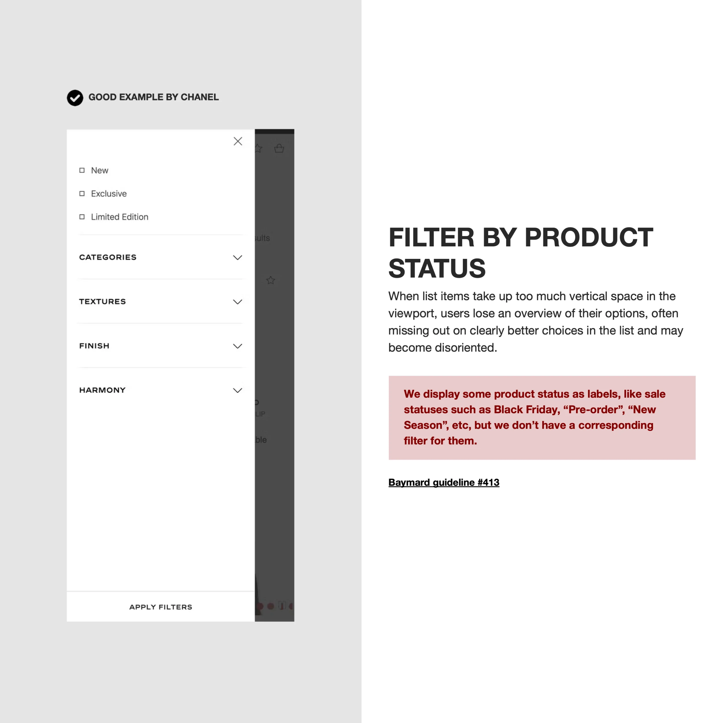 Screenshot of a competitor&#x27;s website with an annotation of why it is a good practice.