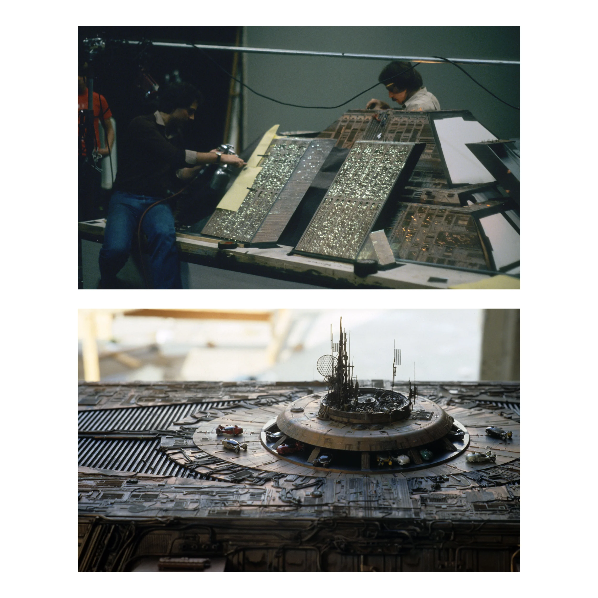 Images of the Tyrell Corp building model with the set designers working on it.