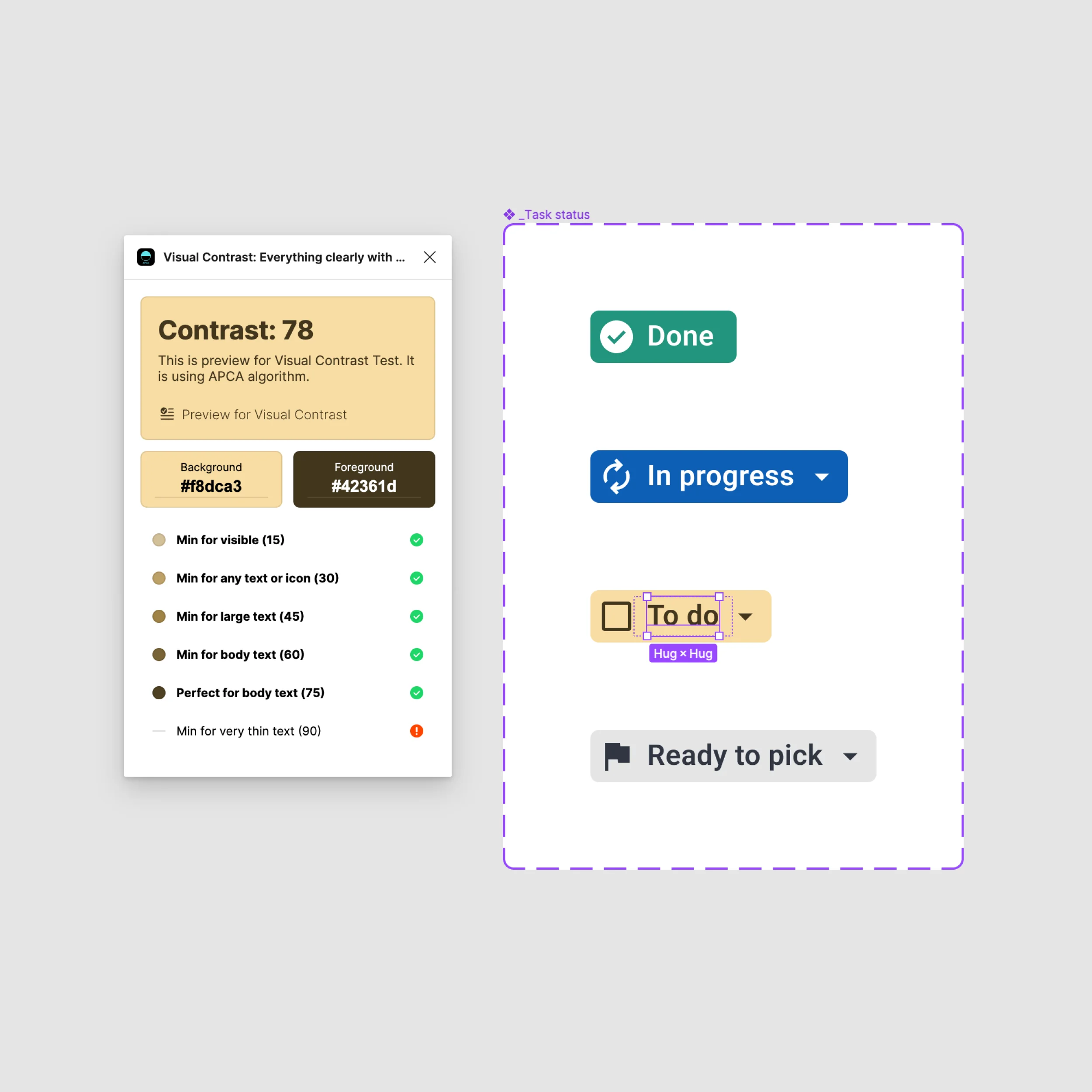 Color contrast Figma plugin performing a check on the text of a task status component.