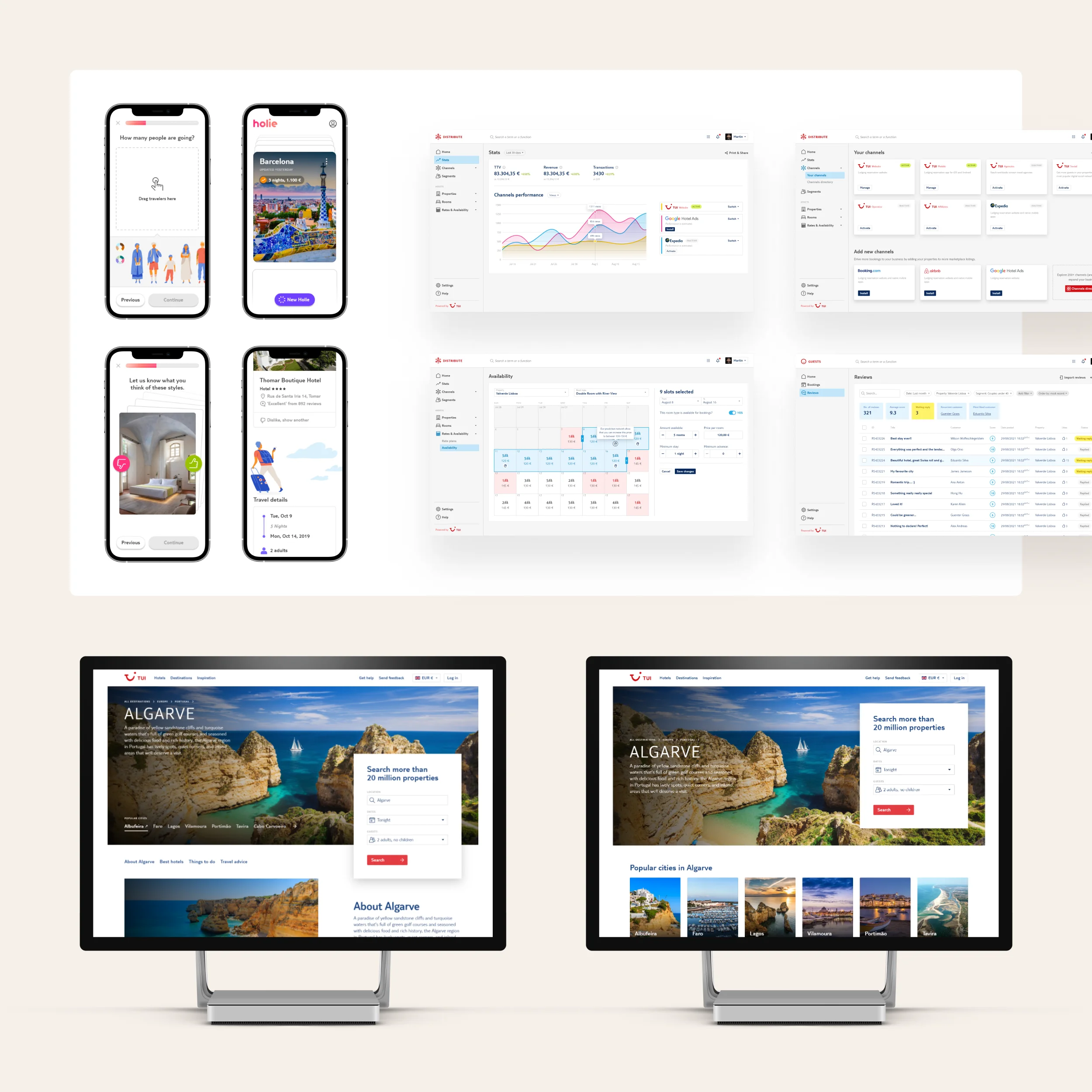 Compilation of web design mockups. They are all about traveling apps displaying mainly destination imagery, like landscapes and cities, but also some back-office concepts with calendars and room availability in hotel booking scenarios.