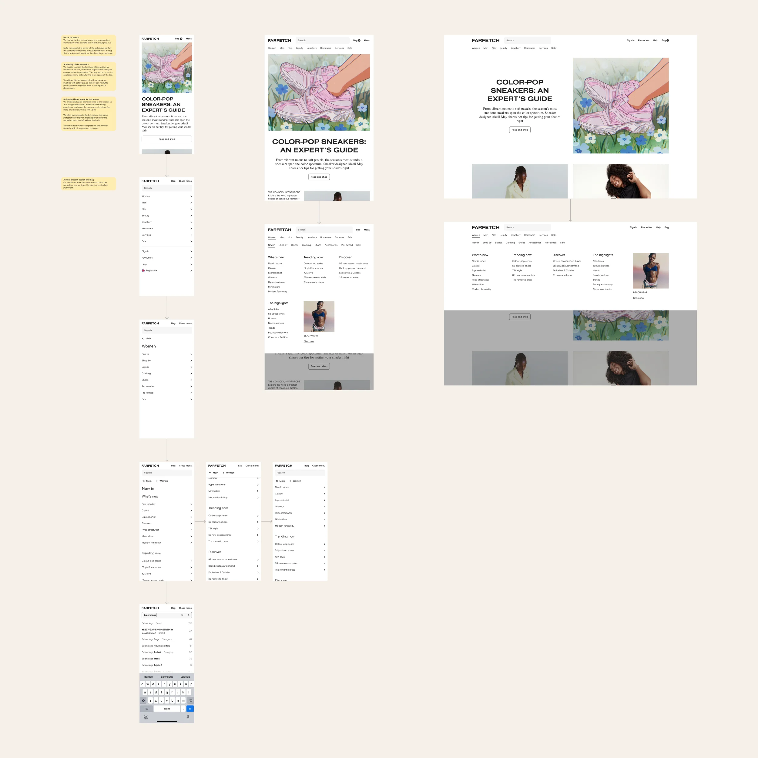 Matrix of design mockups displaying header navigation menus.