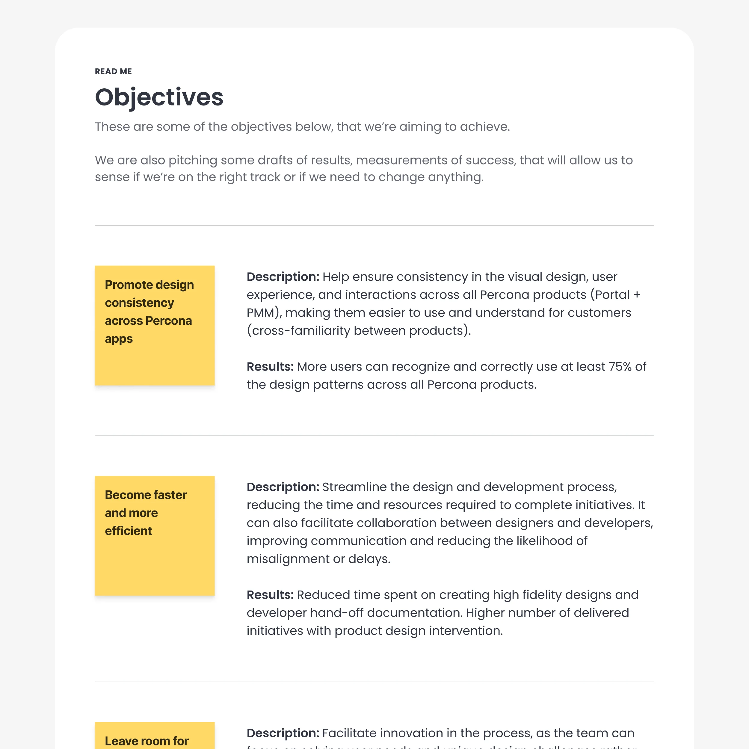 A snippet of a design system documentation page stating its objectives.