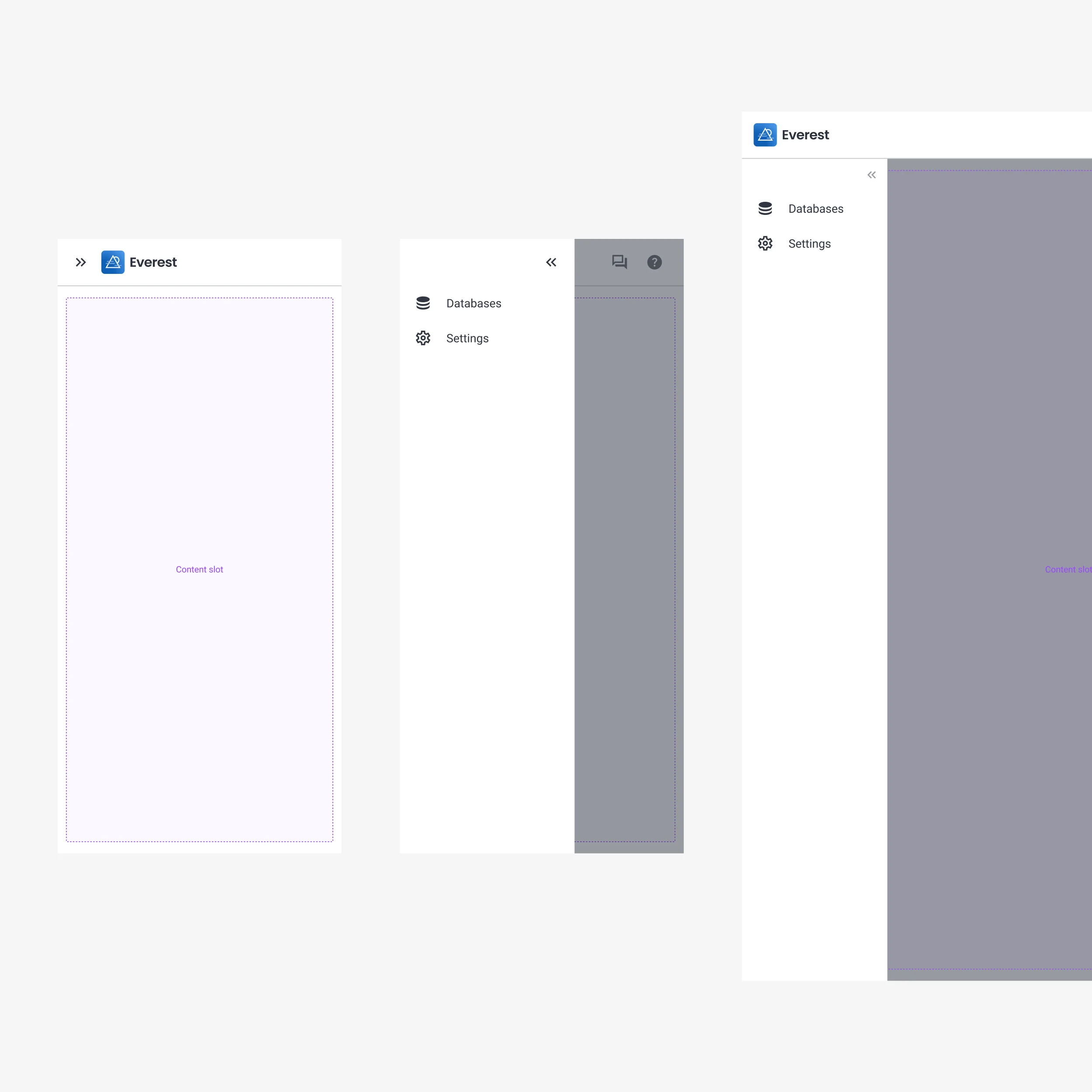 Previews of design system patterns: a mobile device main menu example collapsed, then expanded, and a third example in a tablet-sized screen.