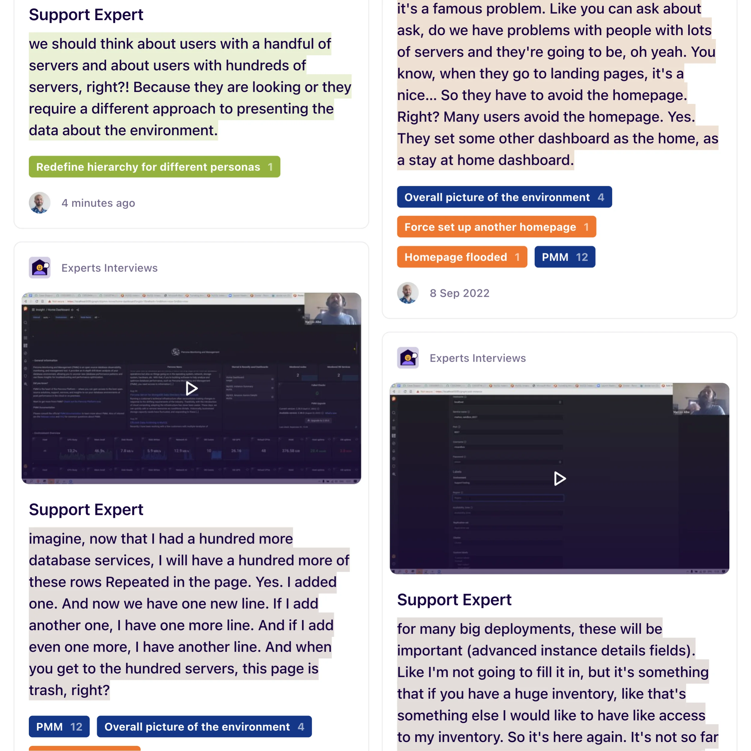 A mosaic of interview excerpts made with a support expert. Each excerpt has colored tags to categorize the research.
