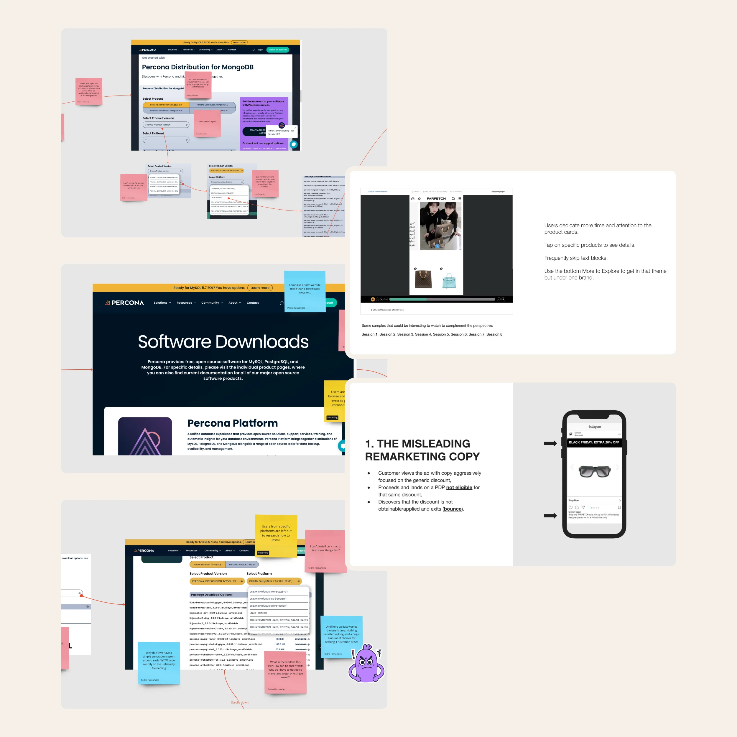 Multiple screenshots of presentation slides containing website designs overlaid with post-it annotations.