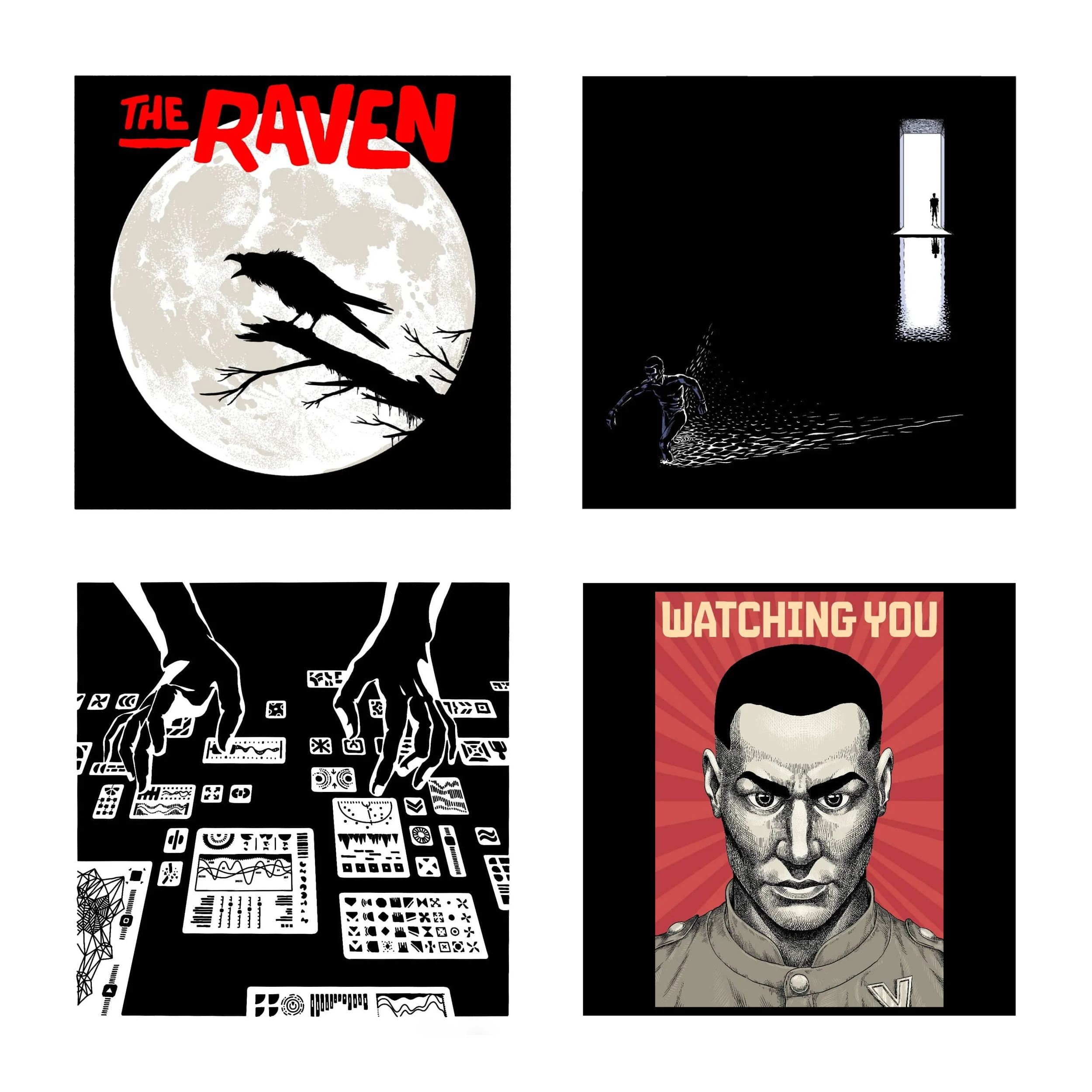A selection of 4 illustrations that look like a book cover or movie poster: a raven before the moon; a man in escape on a dark room filled with water; a pair of hands manipulating a futuristic dashboard; and a portrait of an intimidating man with the title 'Watching You.'