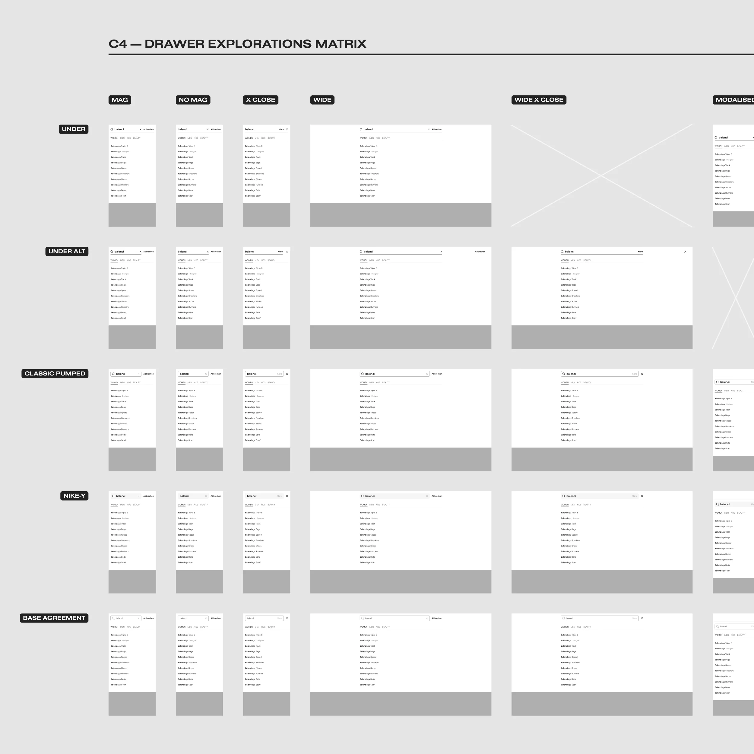A matrix of many designs with minimal changes and variation for comparison.