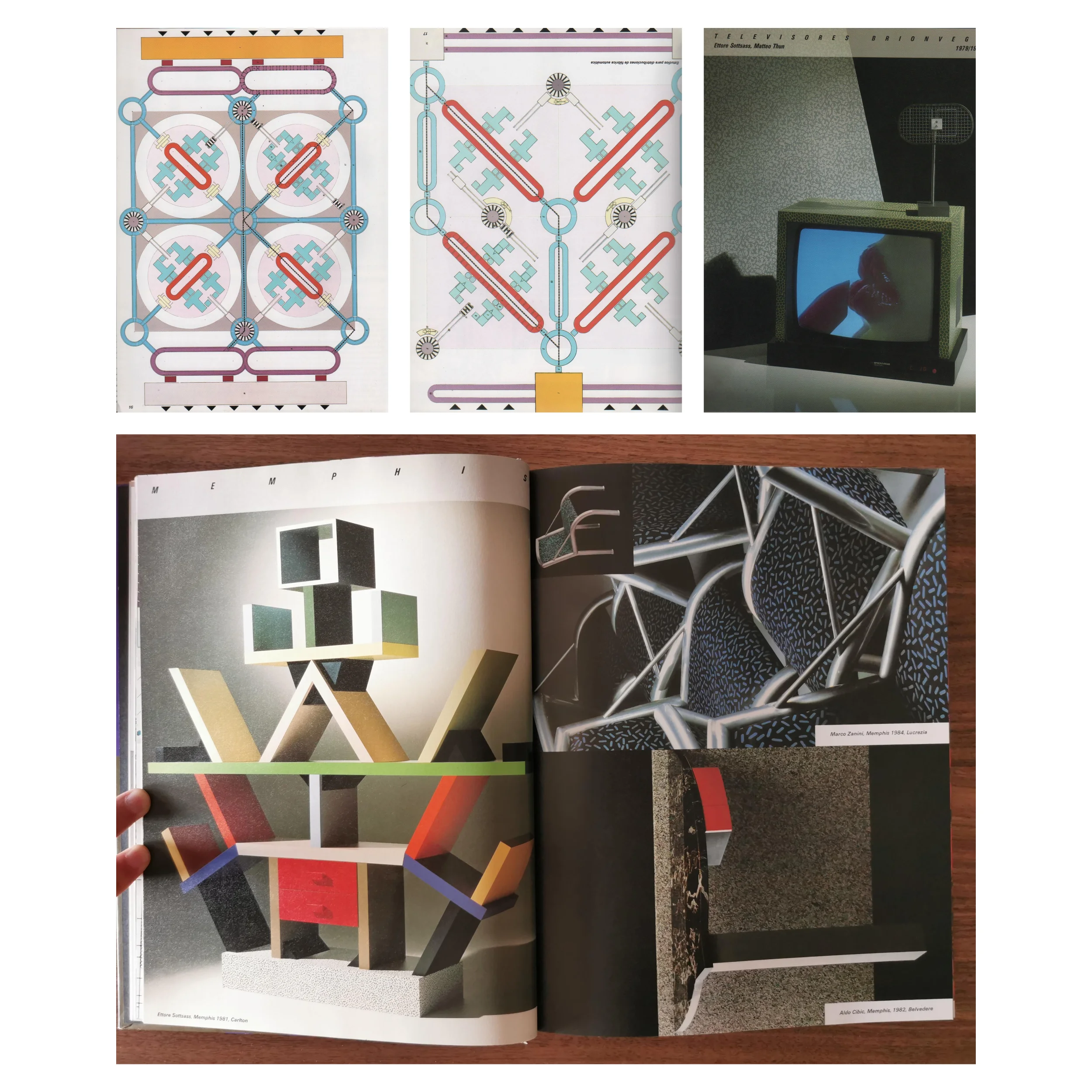 Scans from a book about Ettore Sottsass with pictures of drawings, a television, and some furniture.
