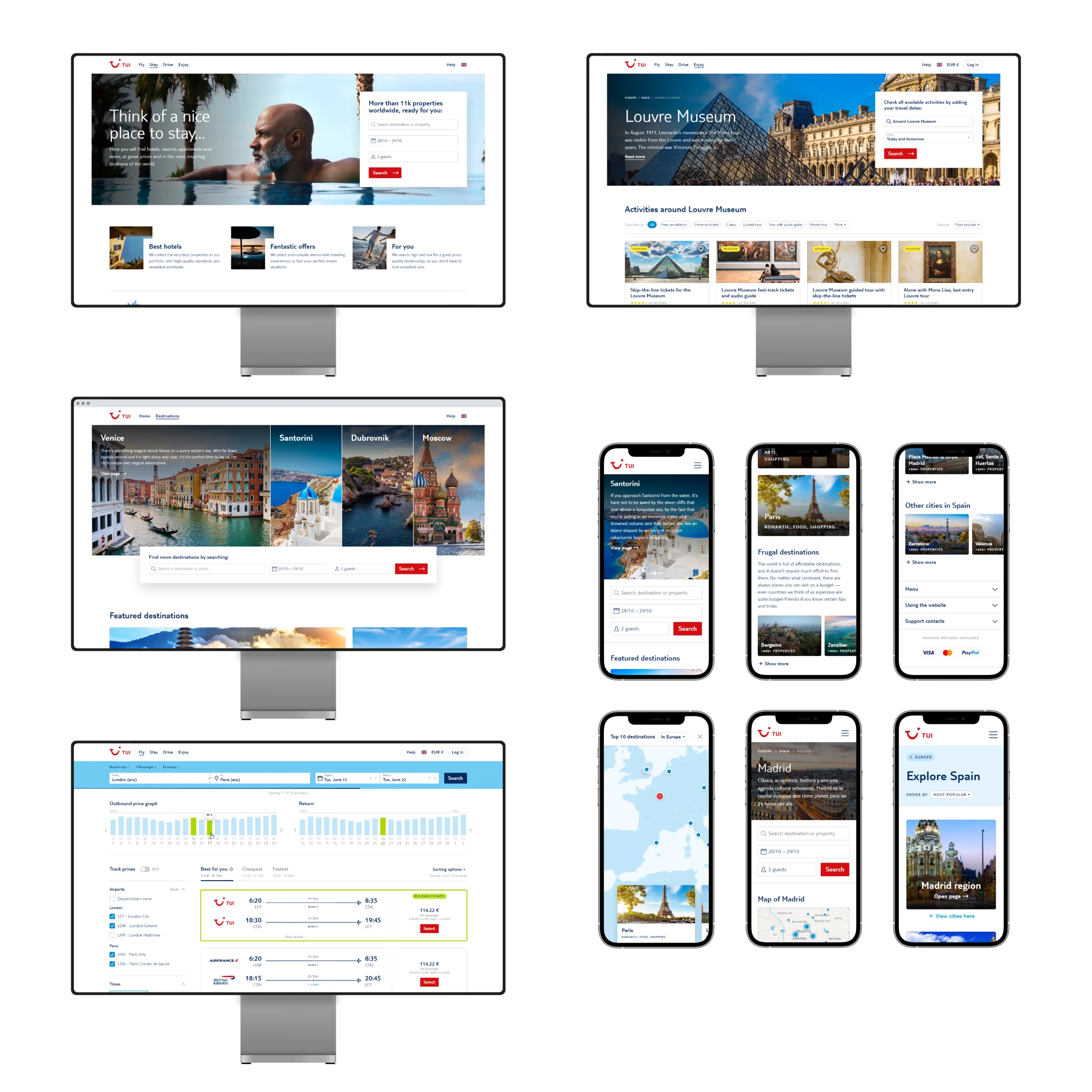 Collection of mockups arranged in a grid format, comprising web app screenshots framed in desktop computer screens and smartphone devices.