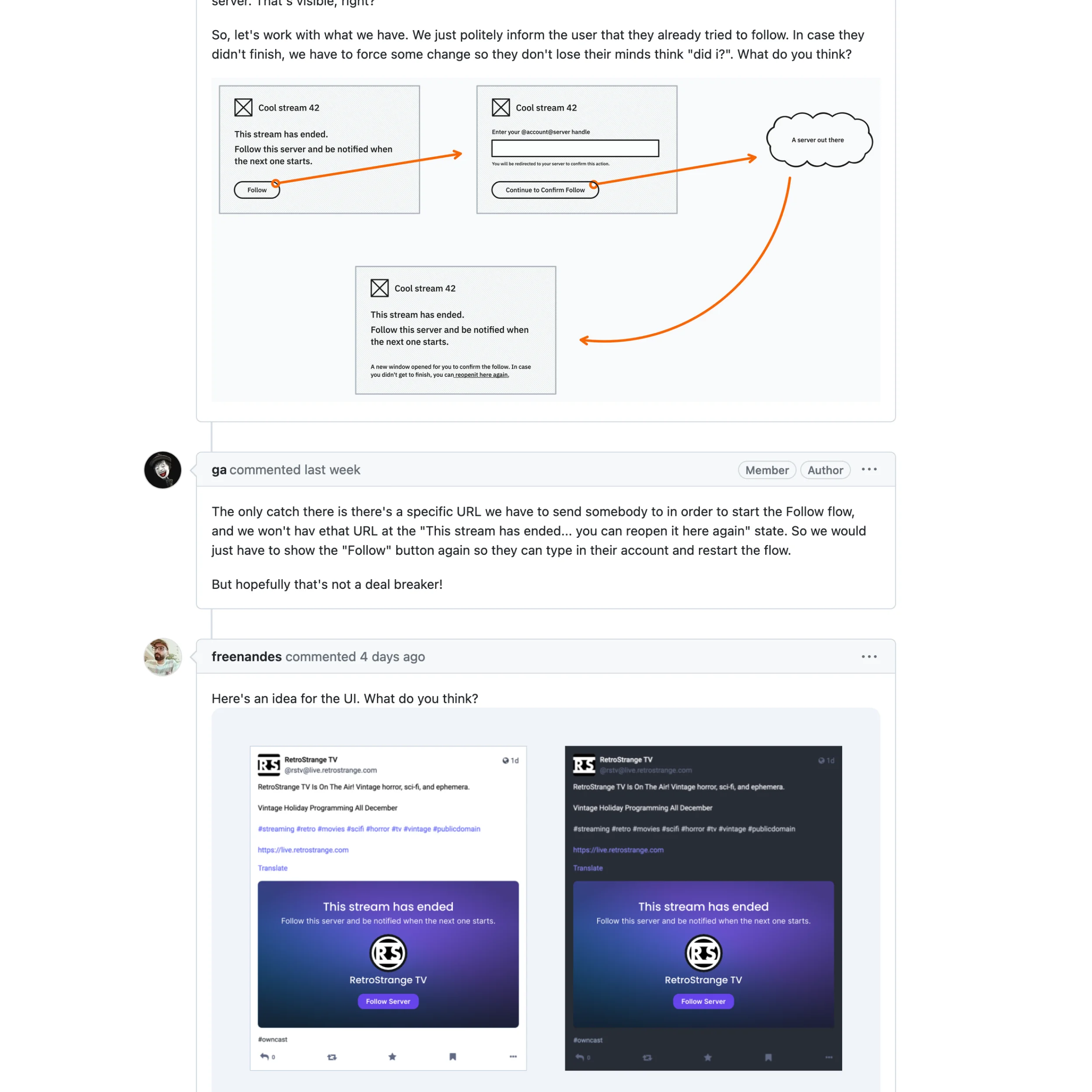 Screenshot of a GitHub issue dialog where a component design is in discussion messages. The component is an embedded message of a live stream service on a social network feed, and the message says that the live event has ended.