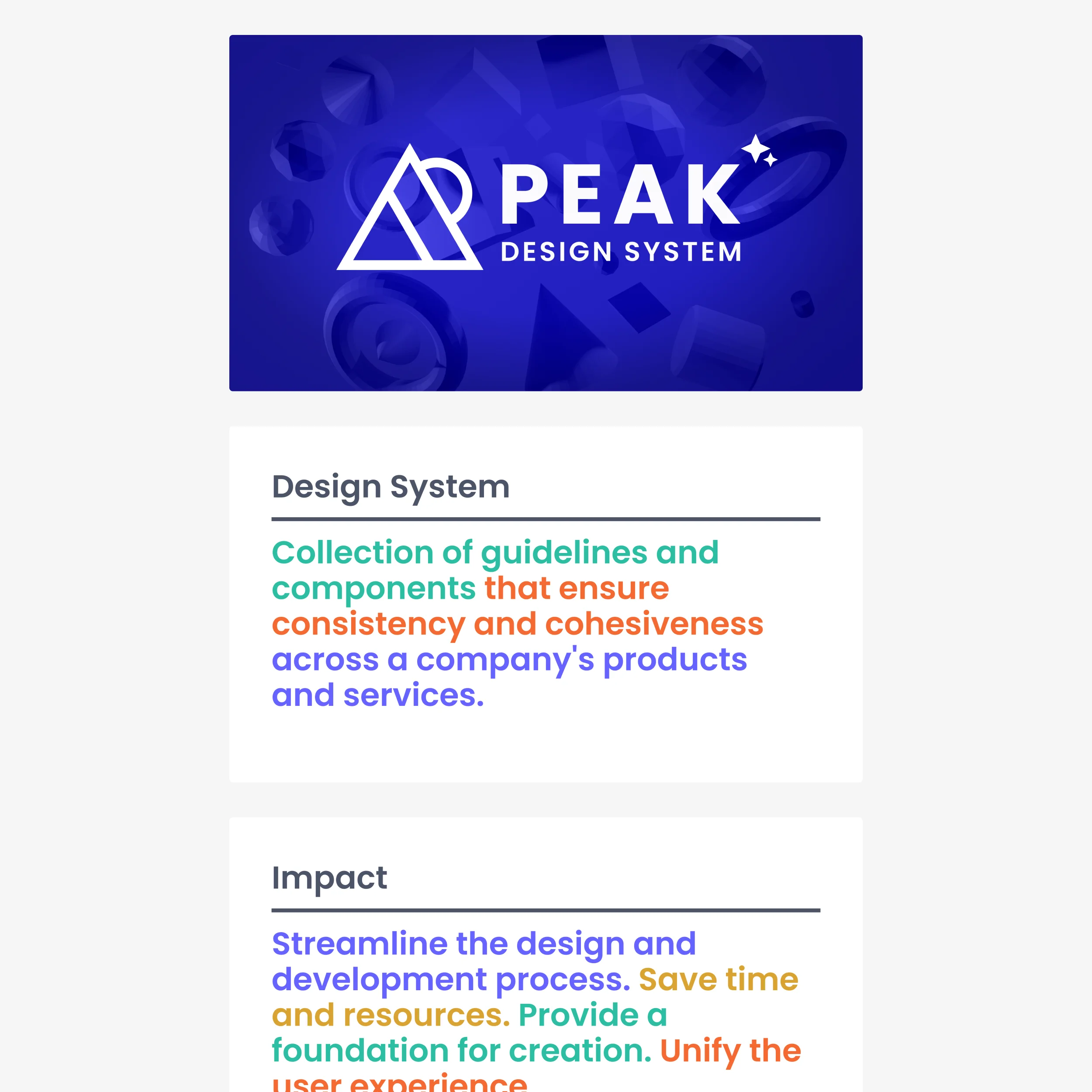 Three slides from a presentation on a design system with the cover, a summary of what is a design system and the impact it has on a company.