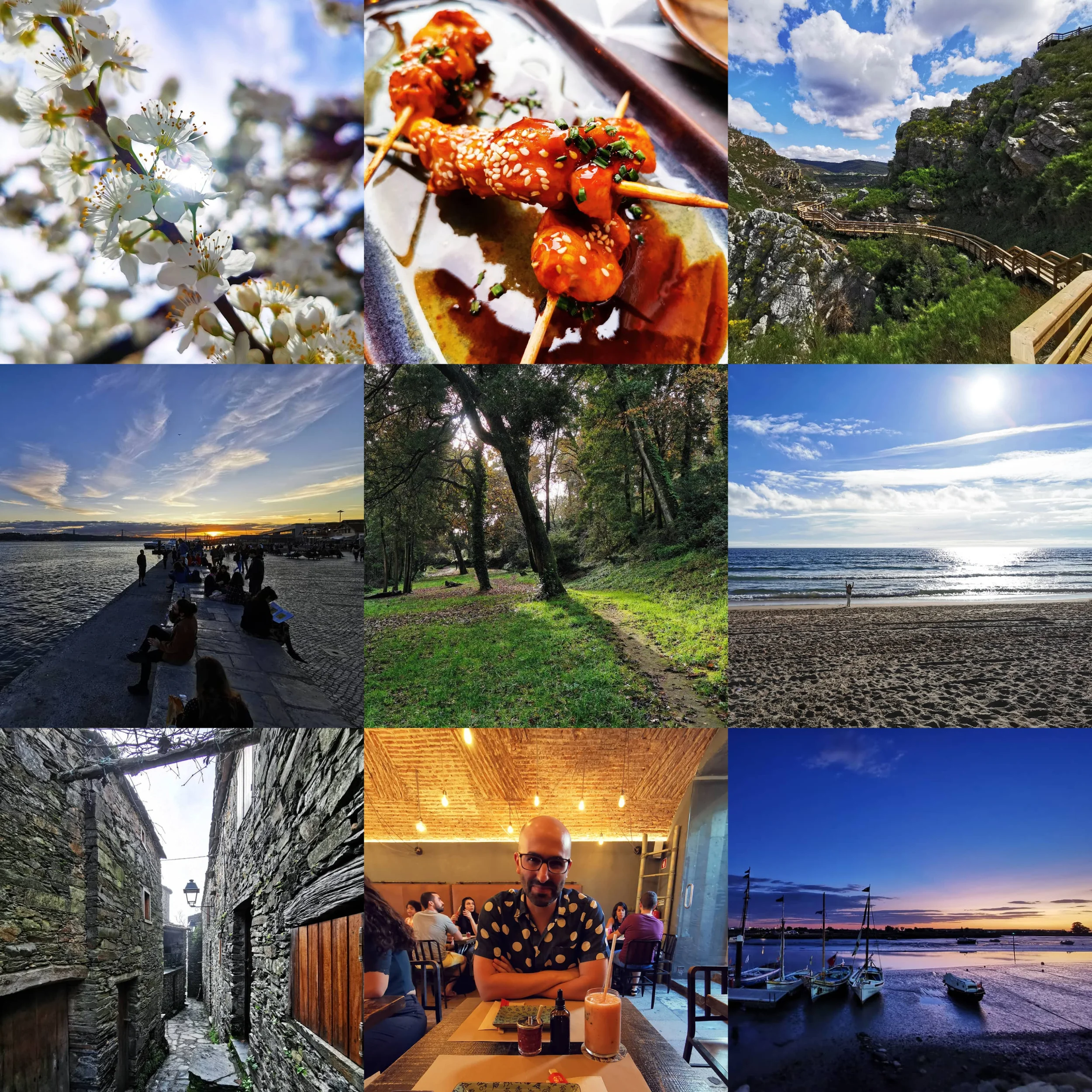 Mosaic of 9 photographs with varied subjects but mostly related to travel, food, and nature.
