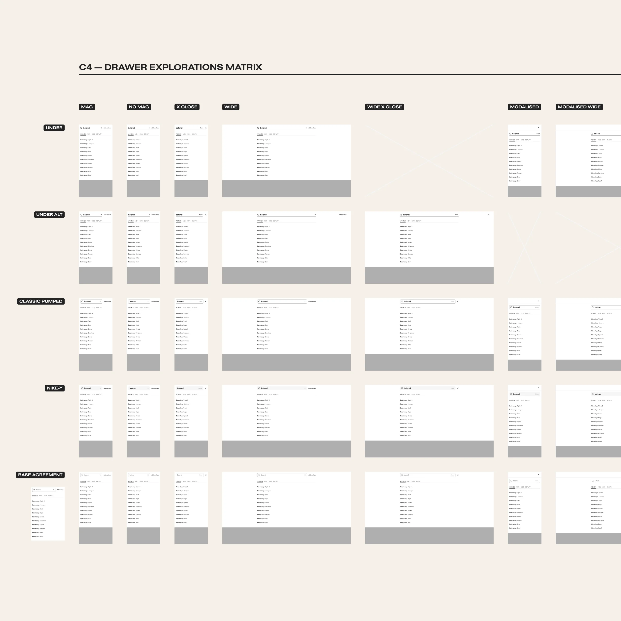 A matrix of designs arranged in a table format. They showcase the design of a search component distributed in nuanced options.