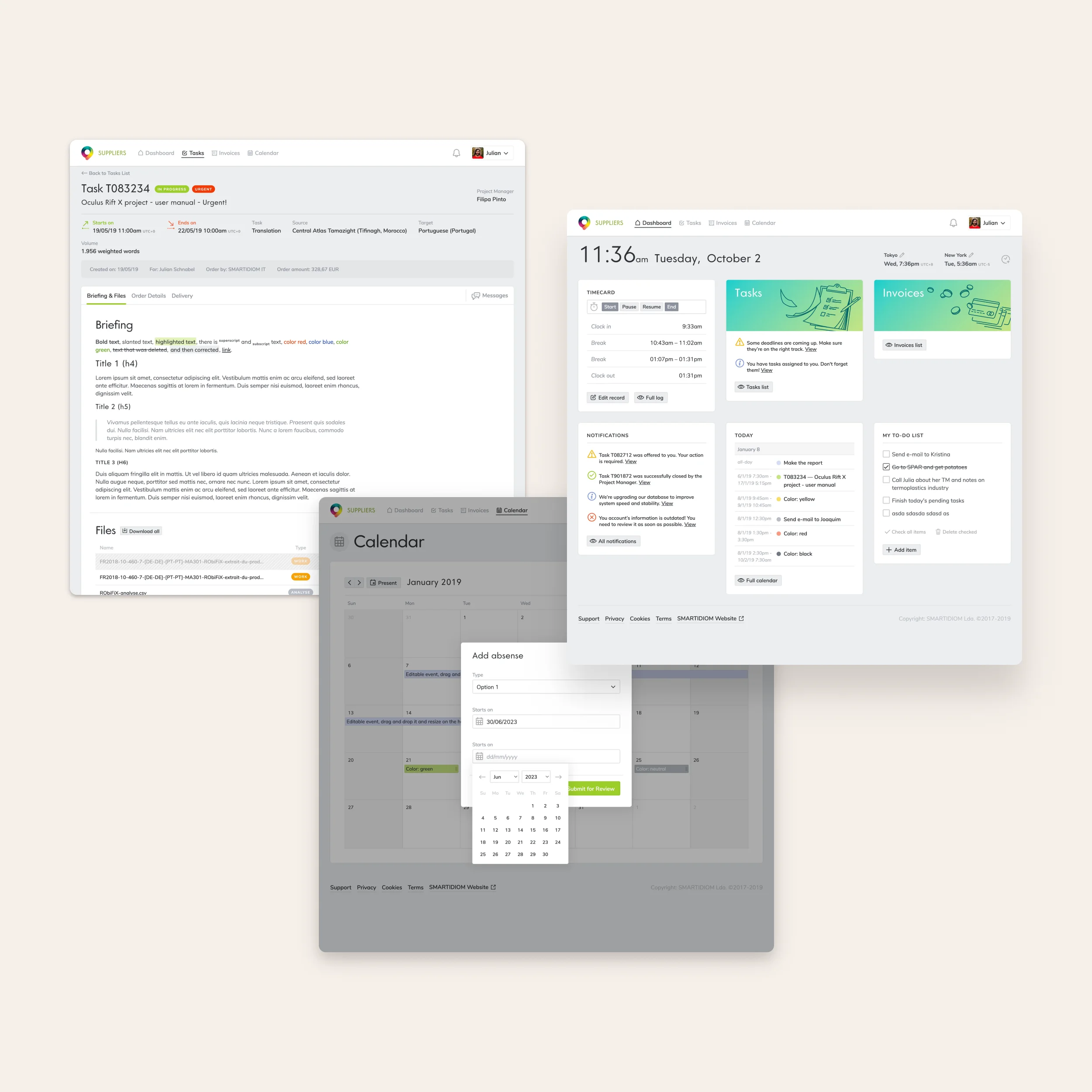 3 screenshots of a task management app displaying a calendar, a dashboard with tasks, calendars, and other productivity utilities, and also what appears to be a task sheet with more complex details of what needs to be done. The designs are primarily whiteish and grayish, with some brand colors in lime green and some other cooler tones.