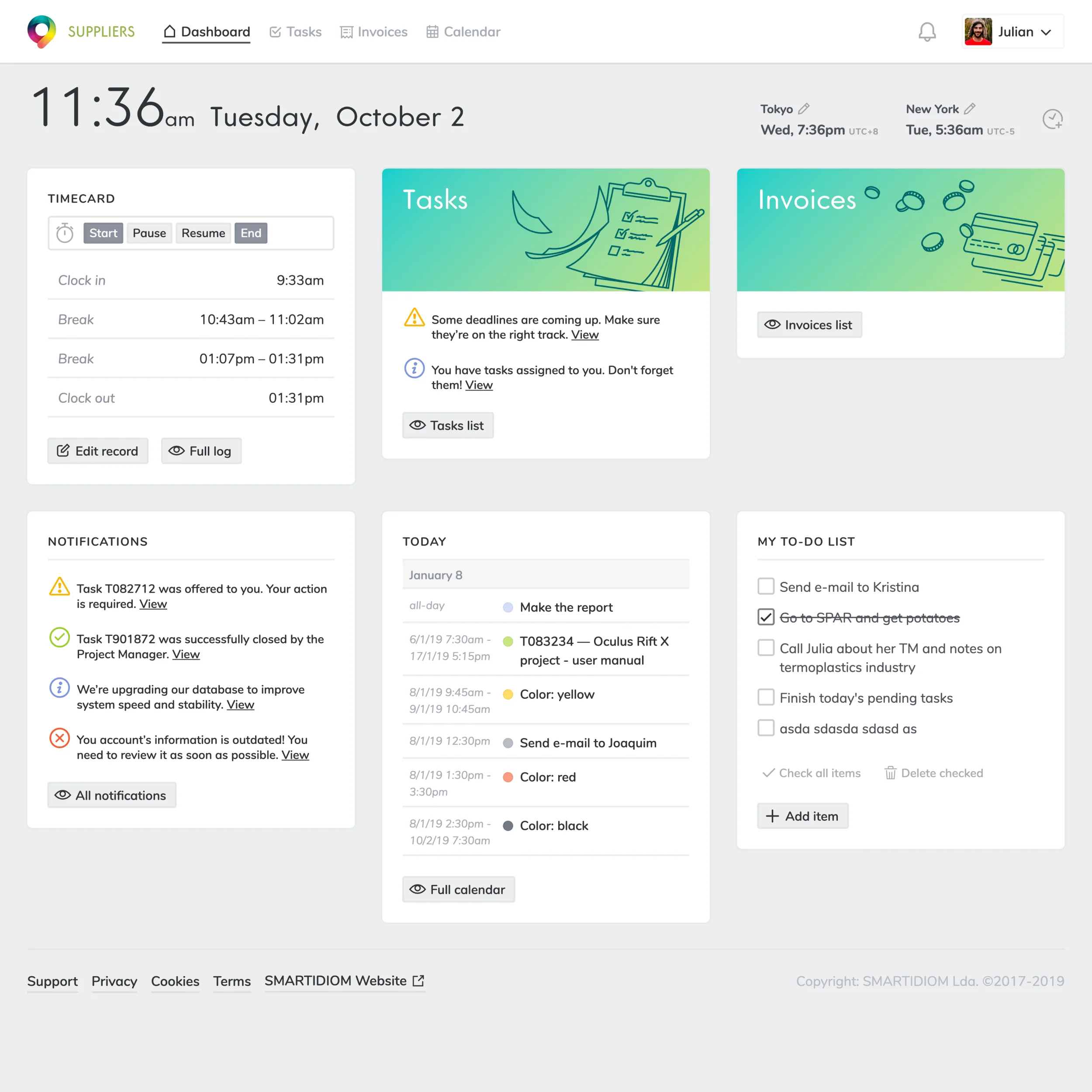 View of a task management app dashboard with related widgets like a list of tasks, invoices, to-do lists, notifications, and other task management functionalities.