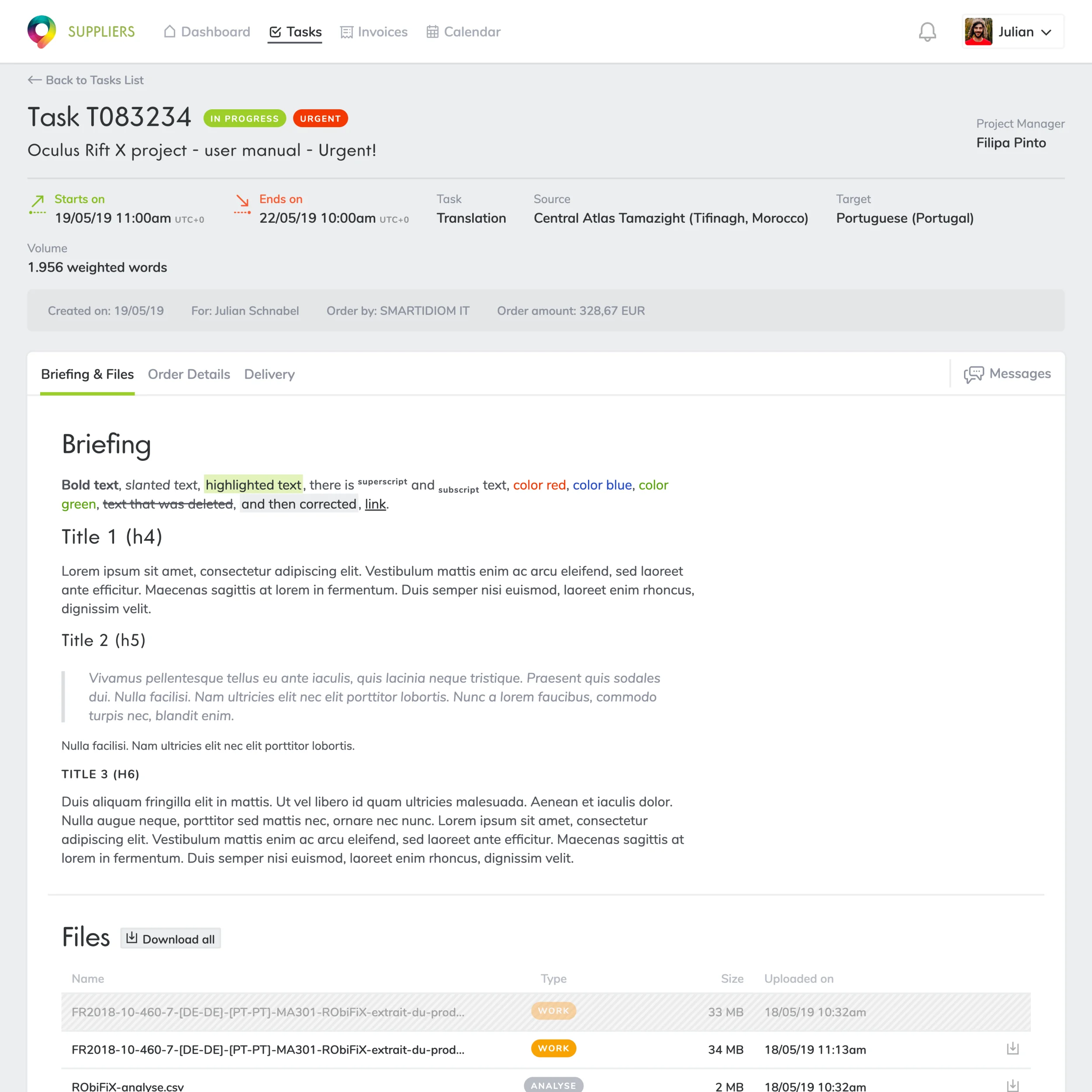 View of a translation task from the task app with the details for what needs to be done, like briefing and files.