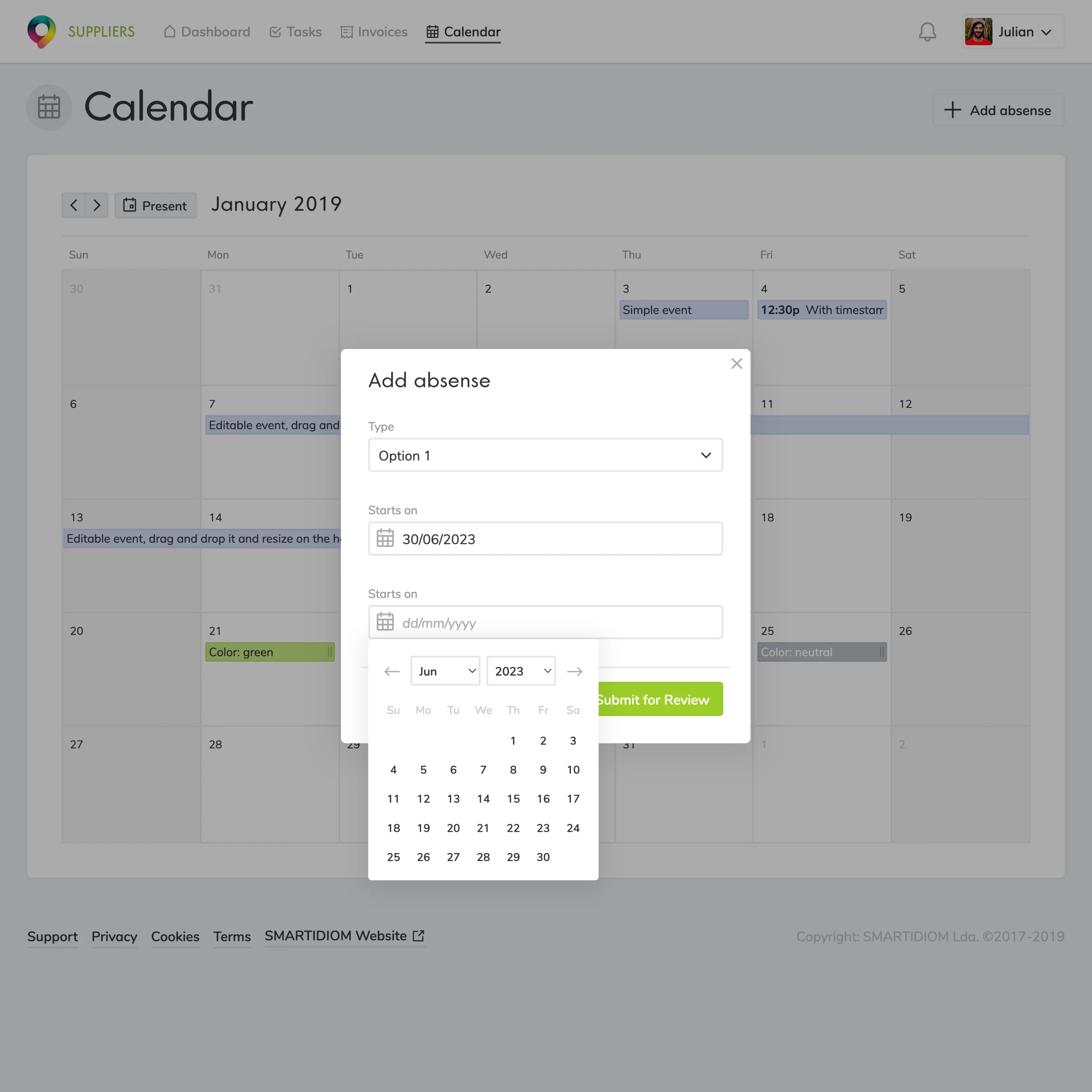View of the calendar with a modal window prompting the user to add an absence by defining the type and then the dates.