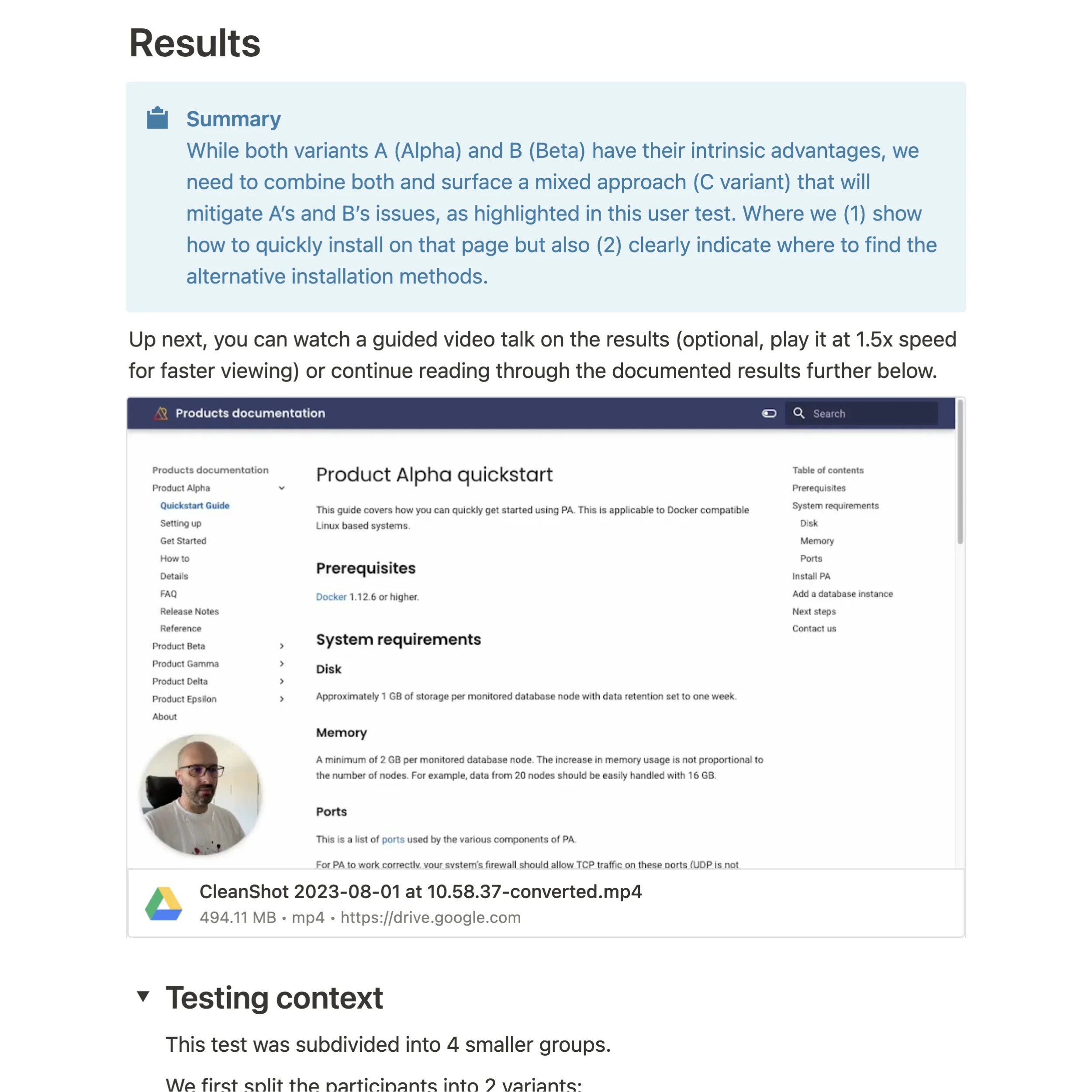 A snippet screenshot from the documentation page that has a summary of the user test results and a video frame that you can play to have a guided overview of the results and the insights gathered.