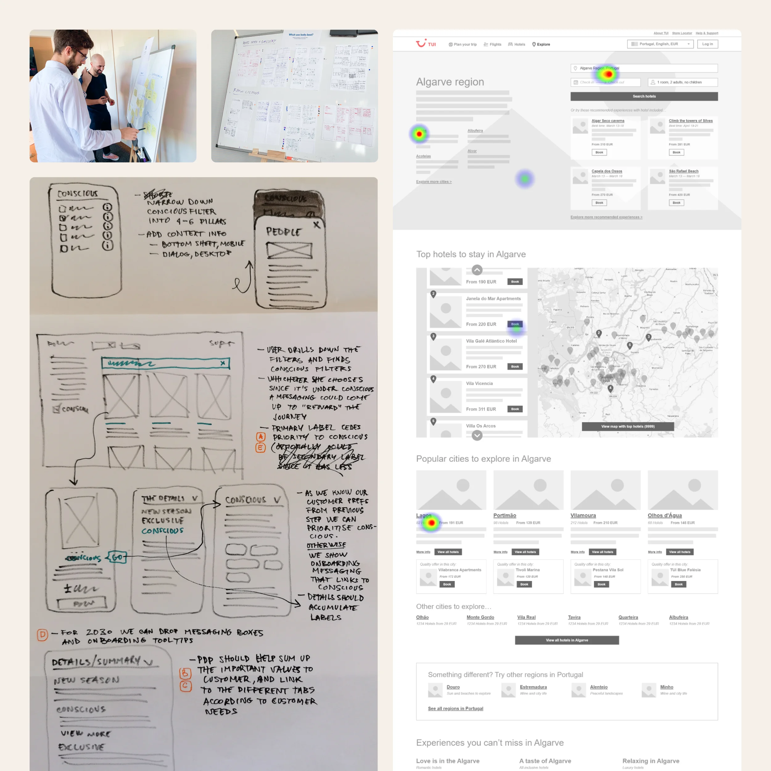 Compilation of wireframe scans. The first two are photos captured from a live whiteboarding session. The third is a sketched wireframe, and the last is a digital wireframe of a travel website referencing locations and hotels.