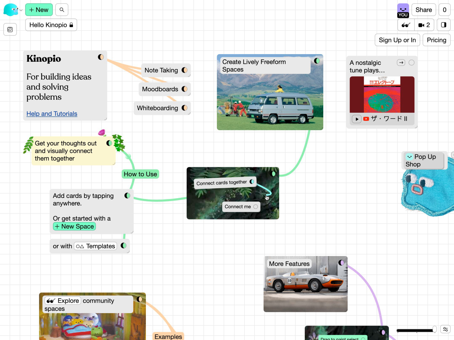 Screenshot of the app’s interface which is basically mimicking a whiteboard with post-its and connections/lines between them. Most content is about tips and tricks on how to use Kinopio