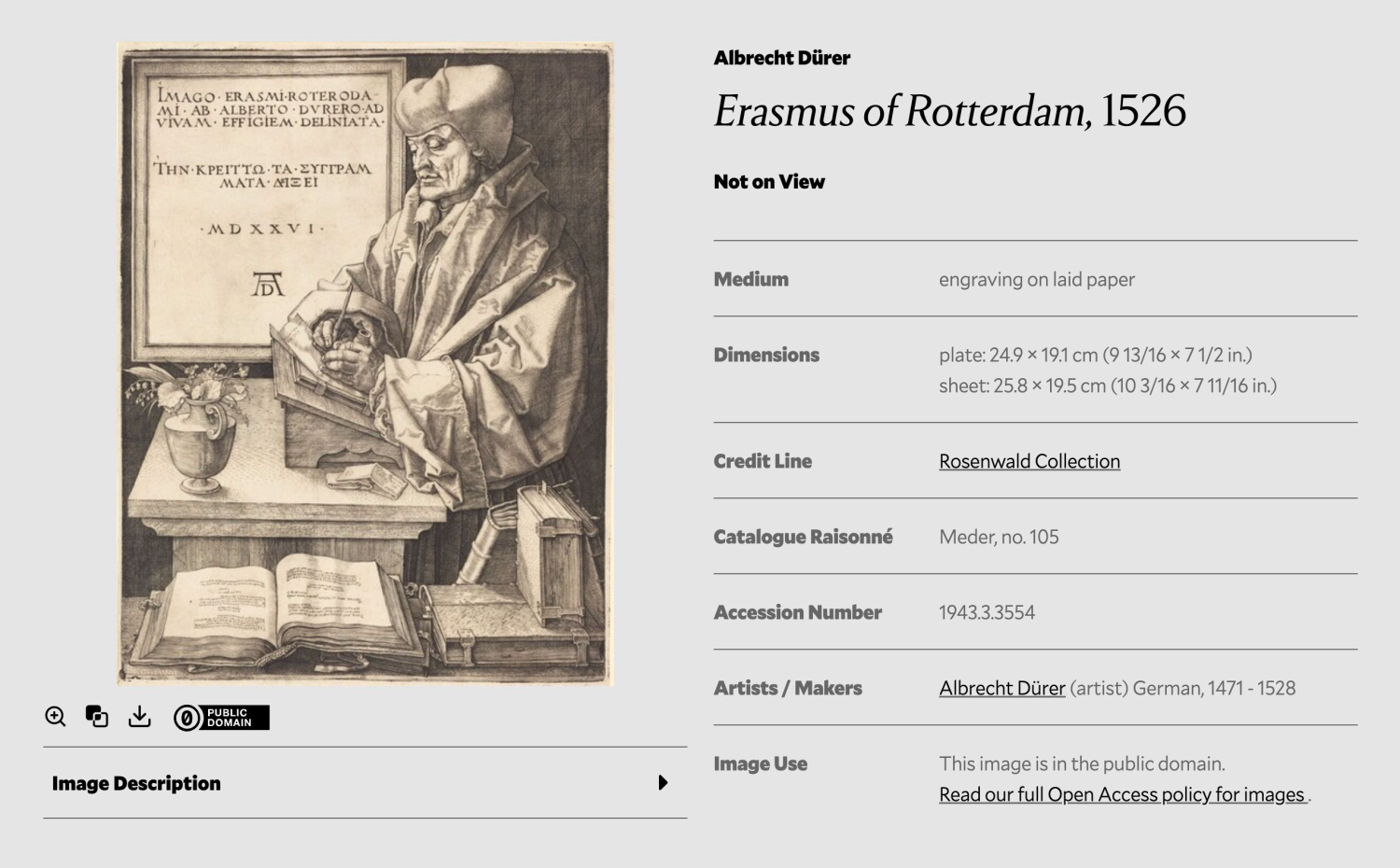 Screenshot from the NGA website. It has a painting depicting Erasmus standing and writing with a bunch of books around him