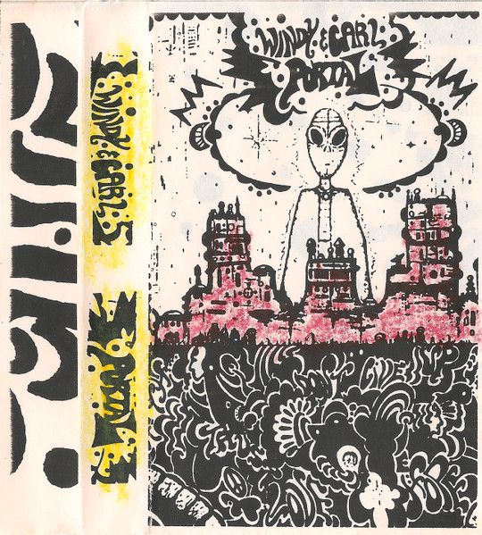 Black and white drawing of an alien-like cityscape, with some grass (?) beneath, and  with a huge alien figure hovering the city. Above the alien's head is the name of the band and the album