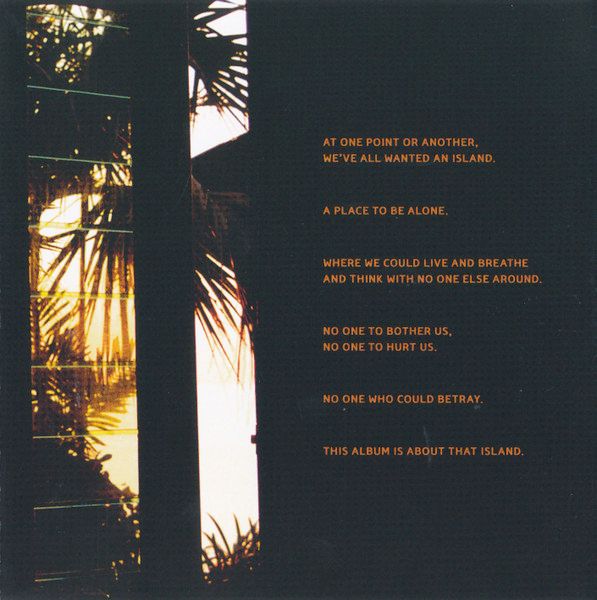 CD booklet page. Has an detail from a photo capturing an indoor view of the window and palm trees behind it. On the side, the above quote was added