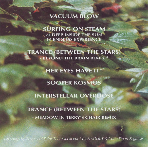 Close-up photo of leaver and on top it has the track list of the album overlayed