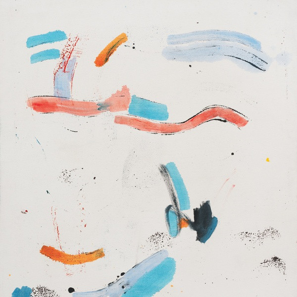 Image of spontaneous paint brushstrokes with mostly blue, pink and yellow colors. The strokes have a good amount of space between them and their form looks like waves. There is no apparent figuration formed from the strokes so it's an abstract painting.