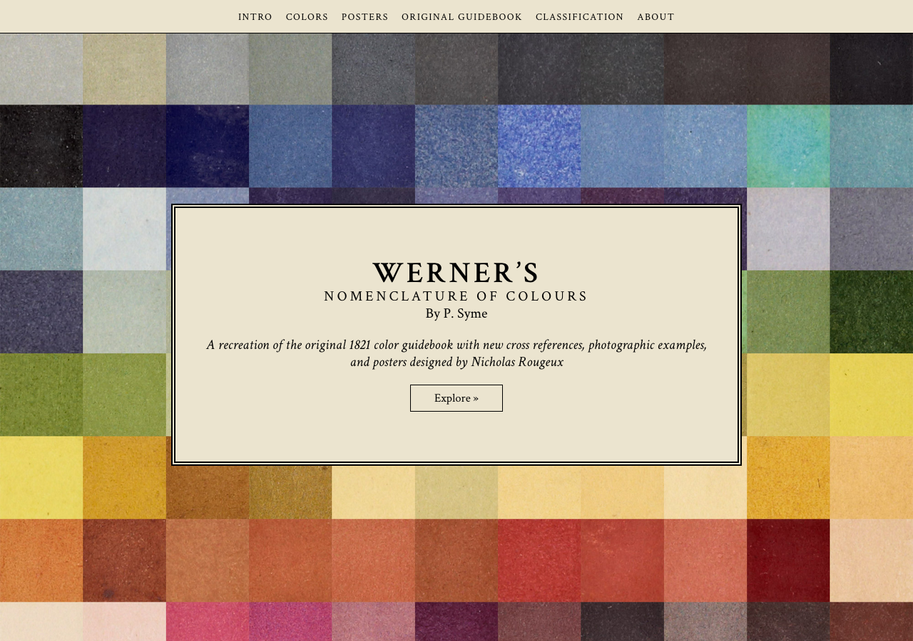 Website's above-the-fold section with the navigation, the name and a brief description. The background is a matrix of color swatches