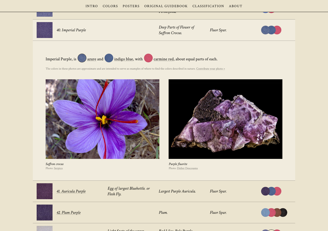View of the extra information you get when you expand each color reference on the website. It shows the photos of nature species or minerals that were referenced